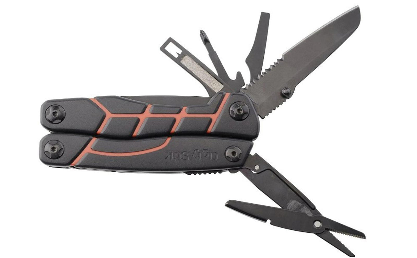 Multi-tool knife with pliers, saw, and various tools in black and orange design.