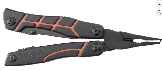 Multi-tool pliers with black and orange grip, featuring various tools for versatile use.