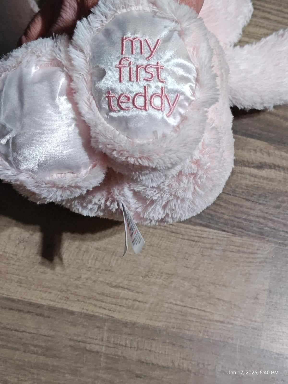 My First Teddy plush toy in soft pink with embroidered text.