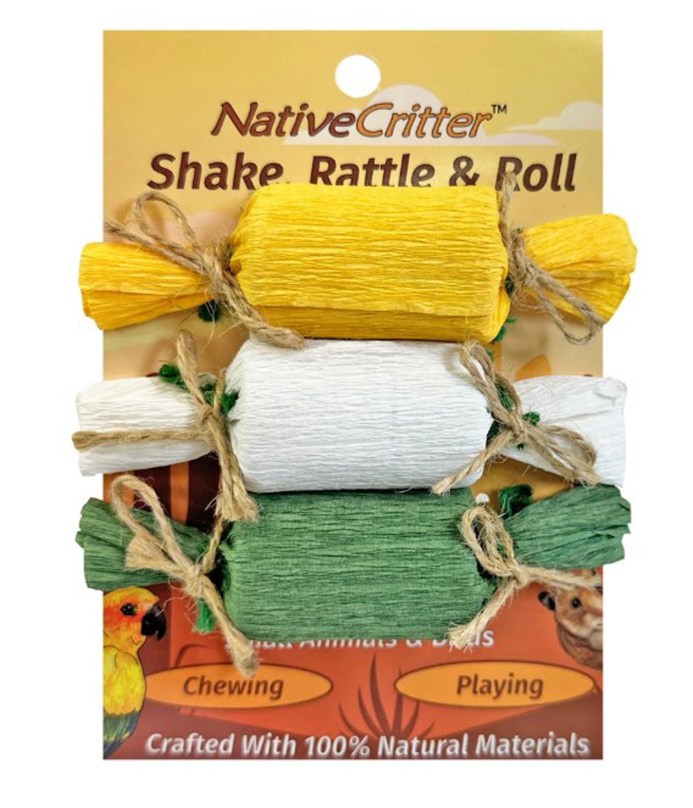 NativeCritter Shake, Rattle & Roll toys in yellow, white, and green for small animals. Ideal for chewing and playing.