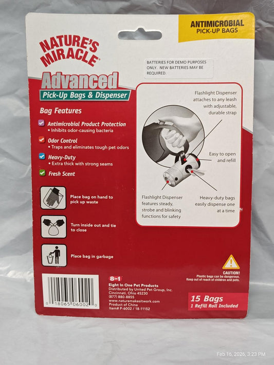 Nature's Miracle Advanced pick-up bags and dispenser with antimicrobial protection and odor control features.