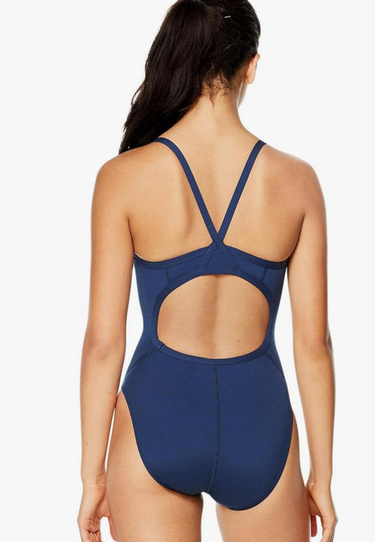 Navy one-piece swimsuit featuring a stylish open back design and adjustable straps.