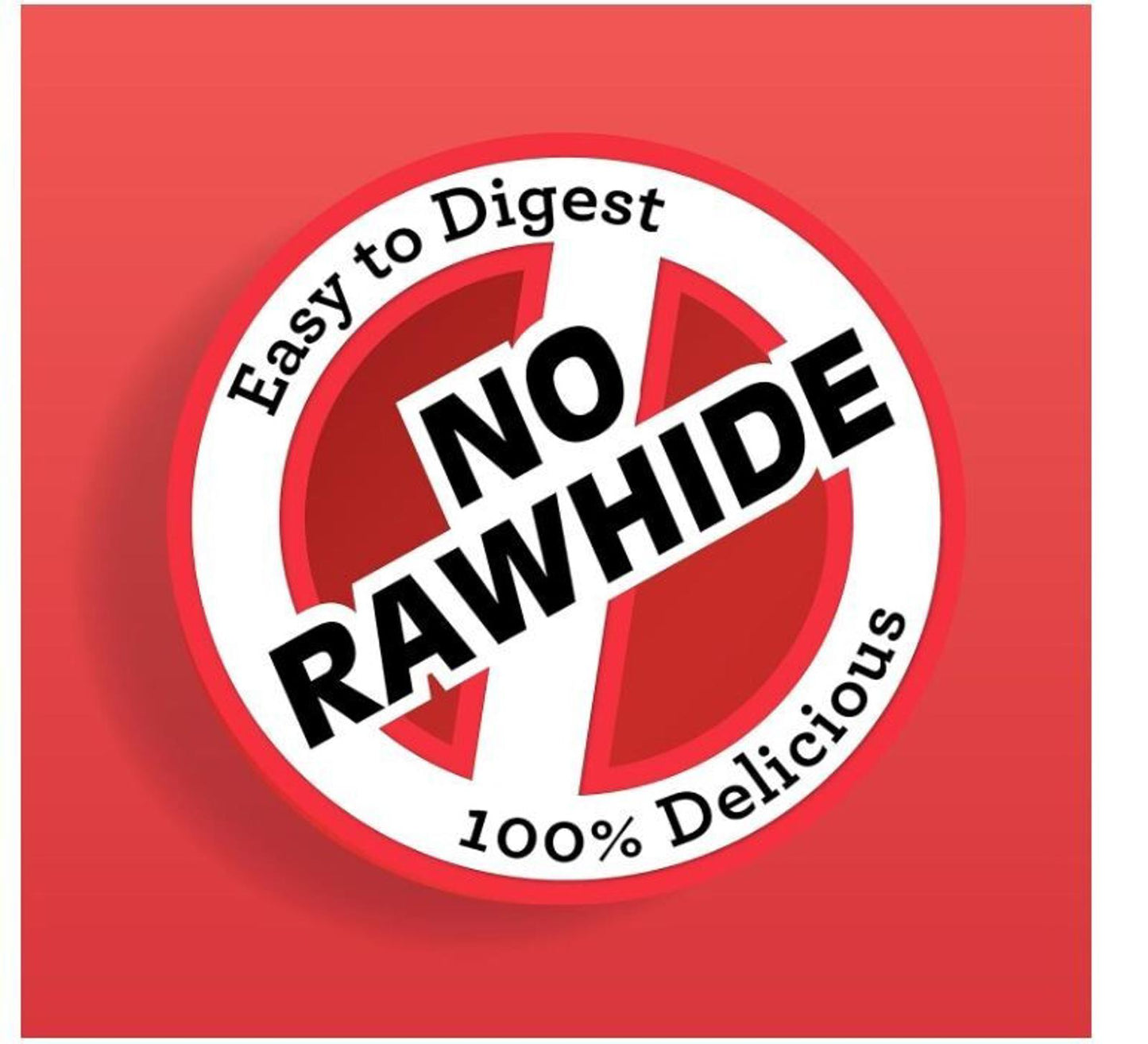 No Rawhide dog treats logo featuring easy to digest and 100% delicious text.