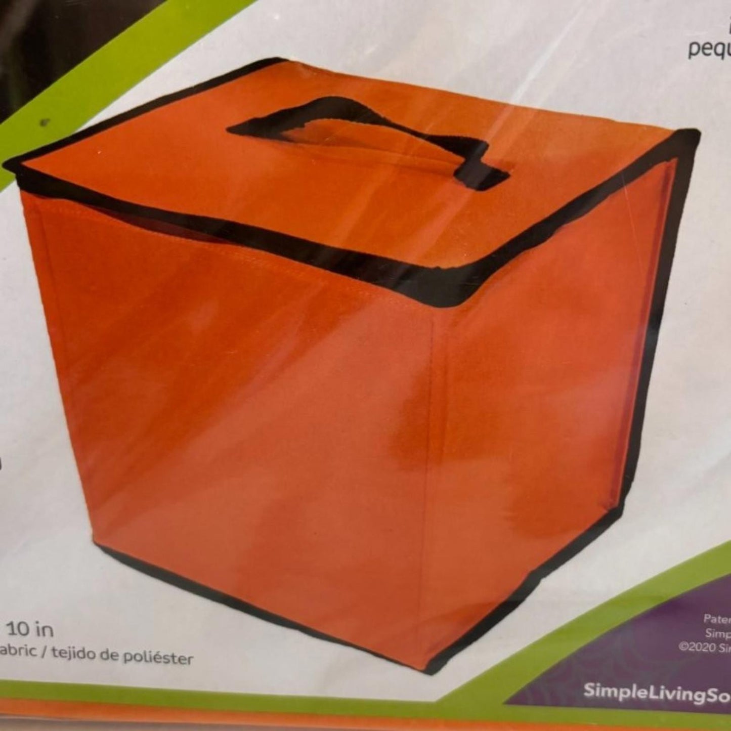 Orange storage bin with a handle, measuring 10 inches, made of durable fabric.