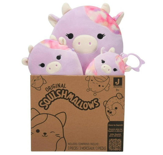 Original Squishmallows plush toys in a variety of sizes, featuring a cute purple cow design.