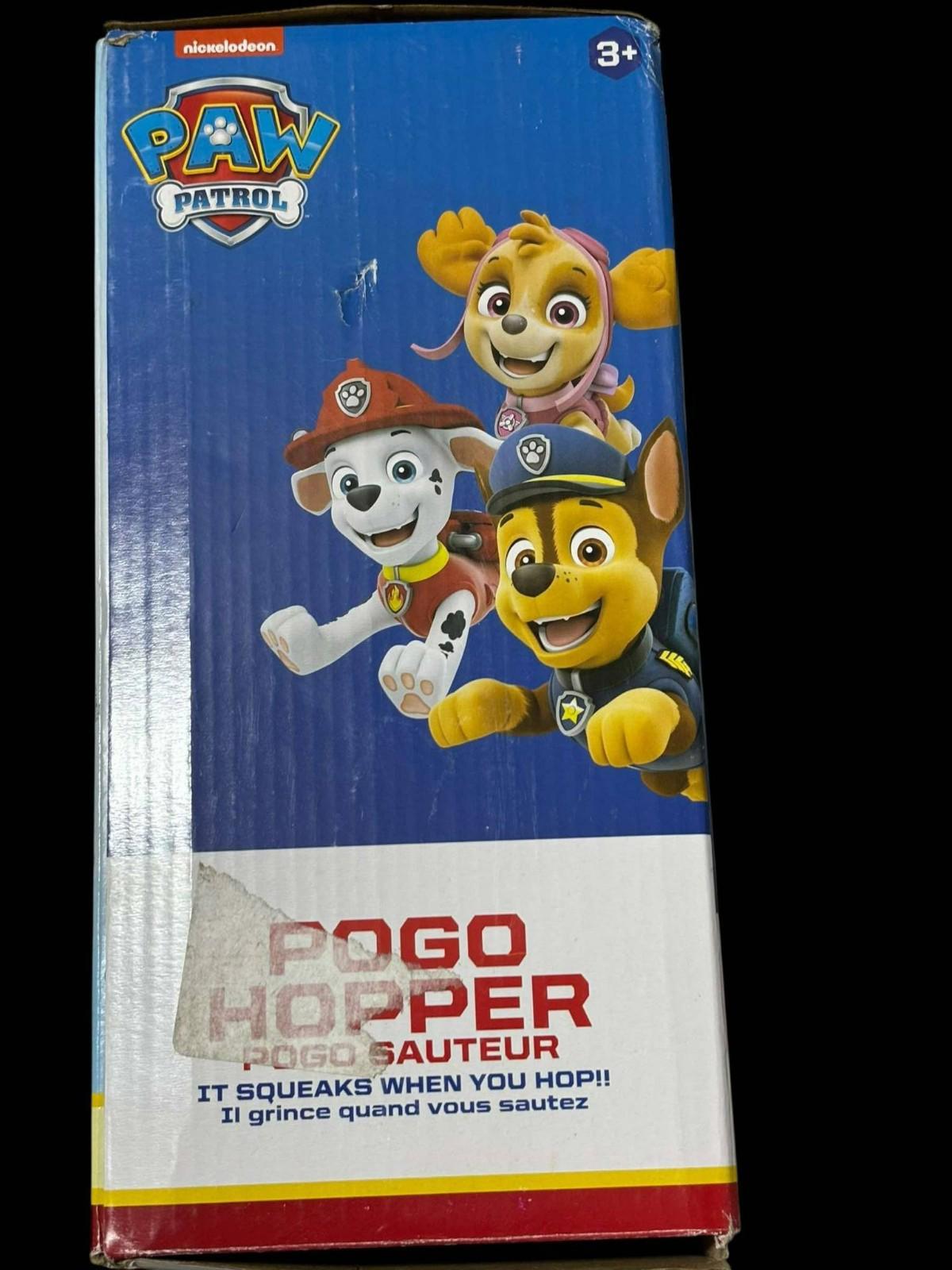 Paw Patrol Pogo Hopper featuring characters Chase, Marshall, and Skye. Fun and squeaky toy for kids.
