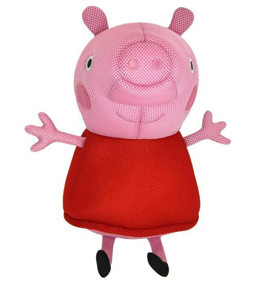 Peppa Pig plush toy with a red dress and cheerful expression.