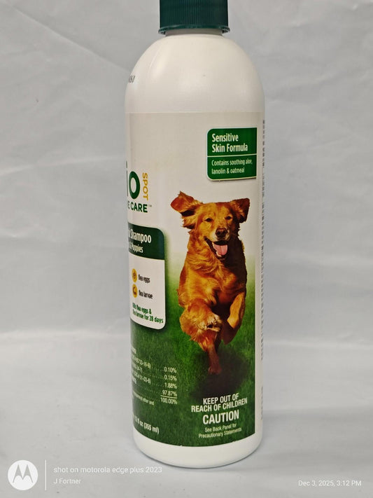 PetCare Sensitive Skin Formula shampoo for dogs, featuring a happy golden retriever on the label.