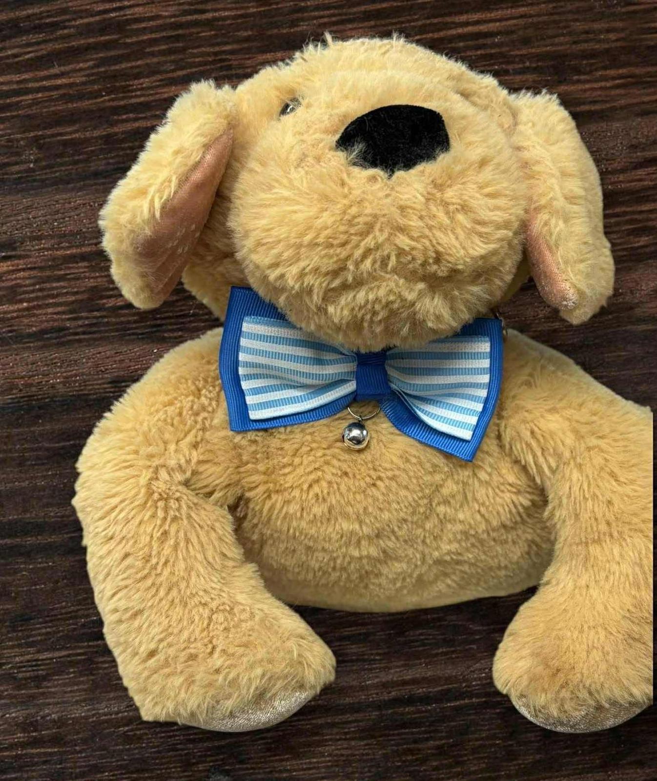 Plush Dog Toy with Blue Striped Bow Tie, soft and cuddly design.