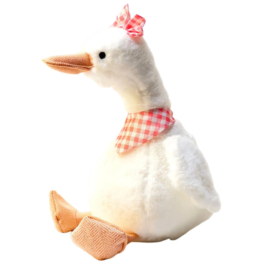 Plush Duck Toy with a pink checkered scarf and bow, perfect for cuddling.
