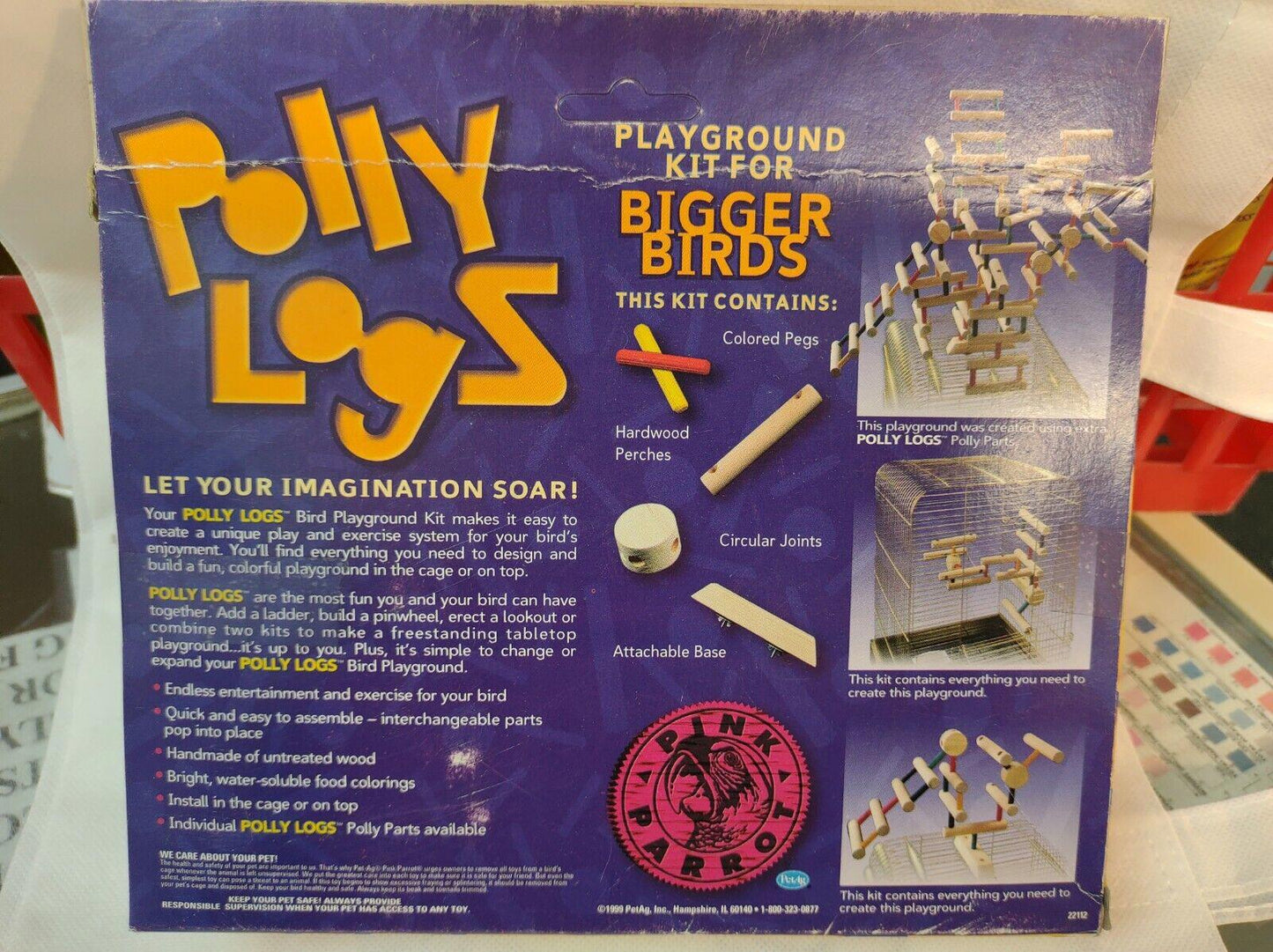 Polly Logs playground kit for bigger birds, featuring colorful building pieces and instructions.
