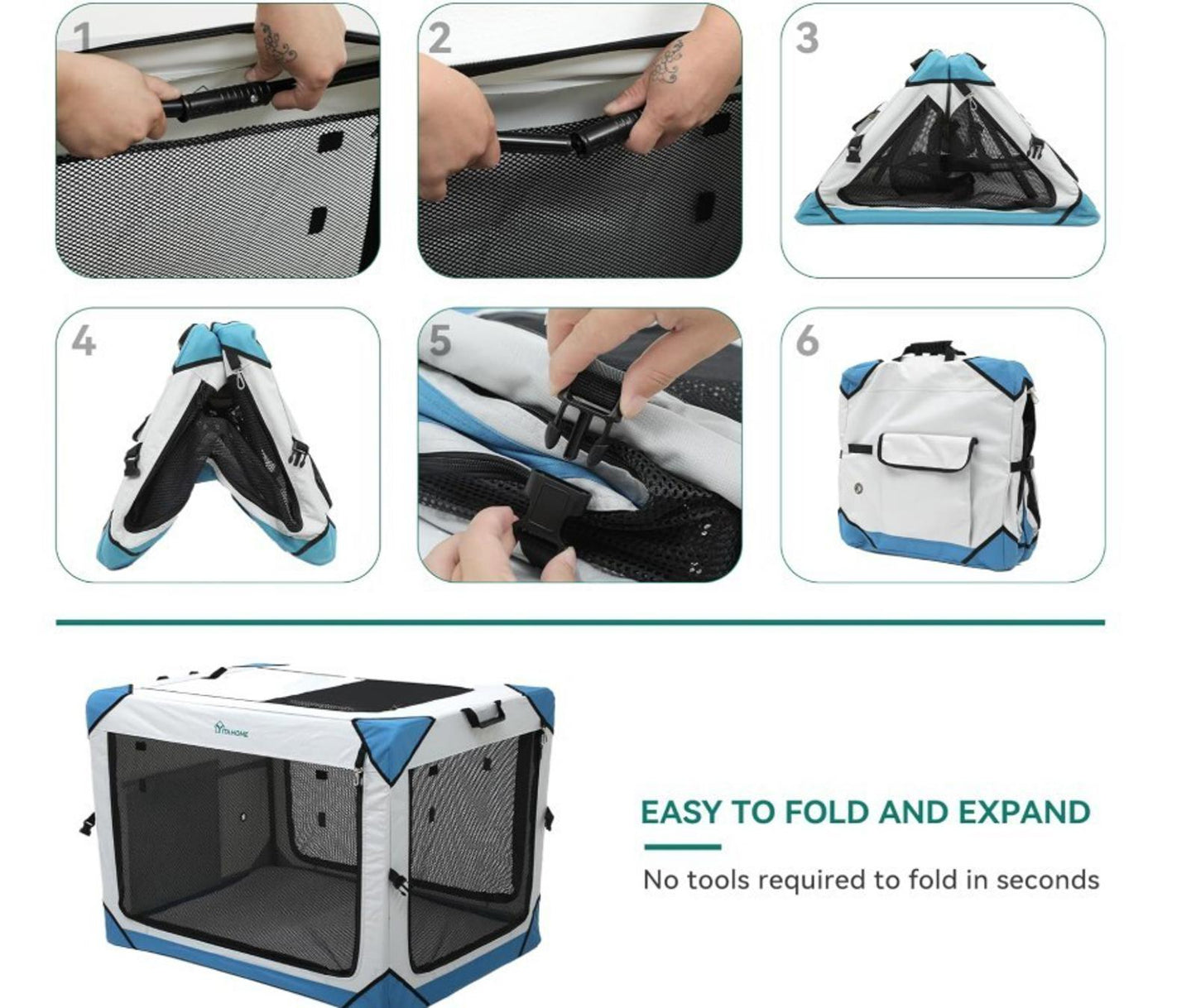 Pet Playpen Folding Dog Crate features easy setup with no tools required, shown in various stages of assembly.