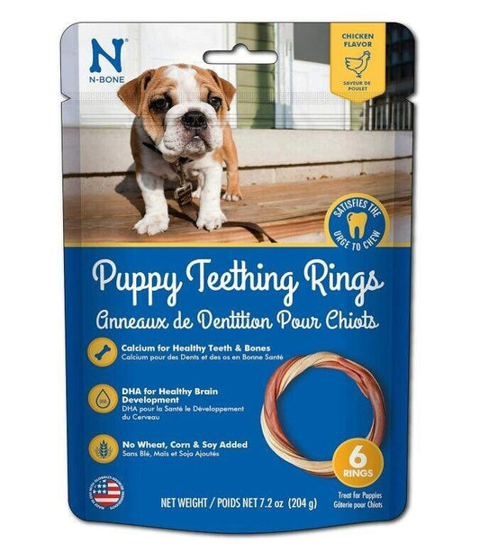 Puppy Teething Rings in a blue package featuring a dog, ideal for healthy teeth and gums.
