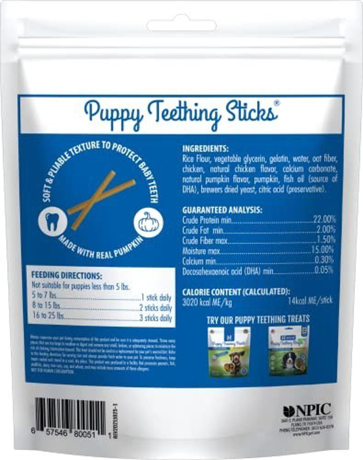Puppy Teething Sticks package featuring real pumpkin and a textured design for dental health.