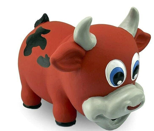 Red Cow Toy with blue eyes and black spots, perfect for kids' playtime.
