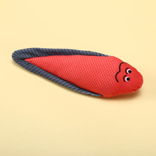 Red Fish Plush Toy with Gray Trim and Cute Face.