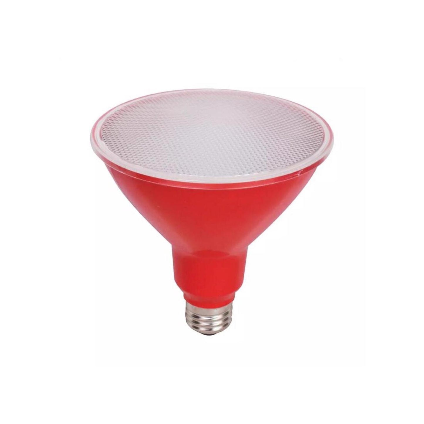 Red LED flood light bulb with a textured lens for outdoor lighting.