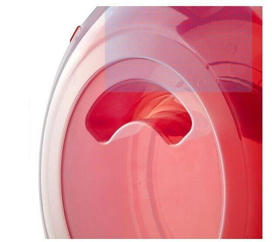 Red storage container with a curved handle for easy carrying.