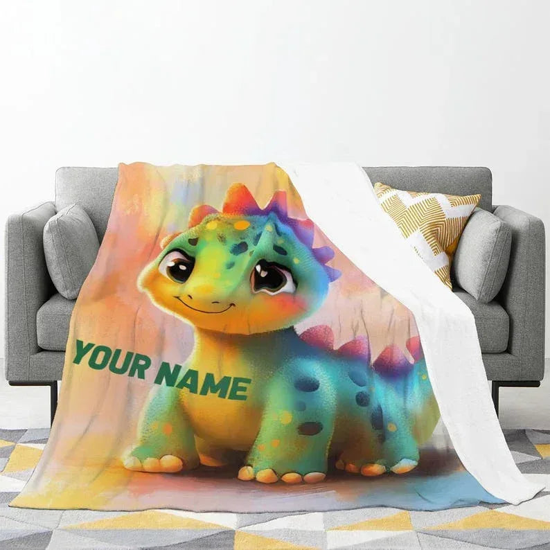 Personalized Dinosaur Blanket | Custom Name | Rainbow Colorful Smiling Dino Flannel Fleece Throw Gift