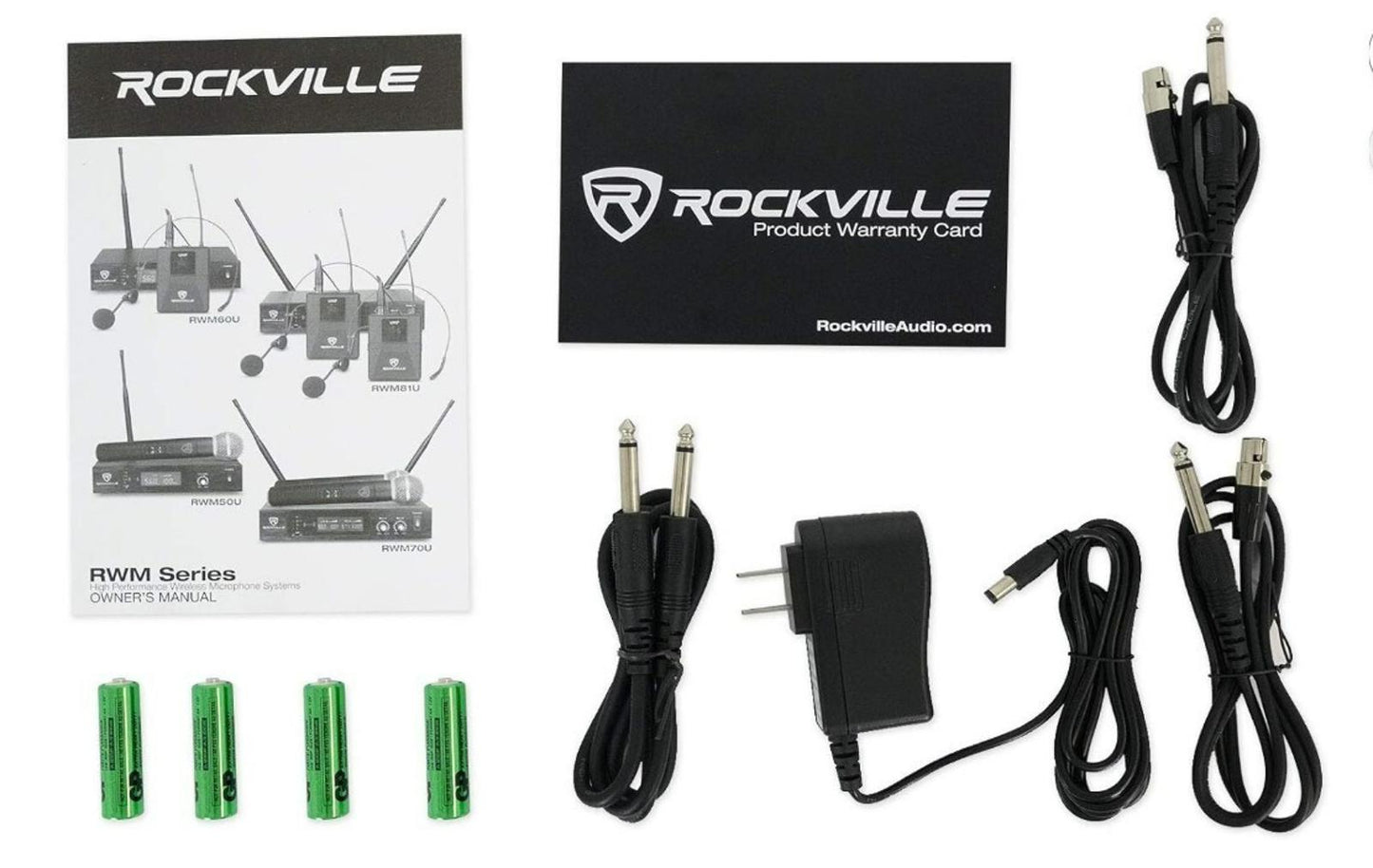 Rockville wireless microphone system accessories including cables, batteries, and manual.