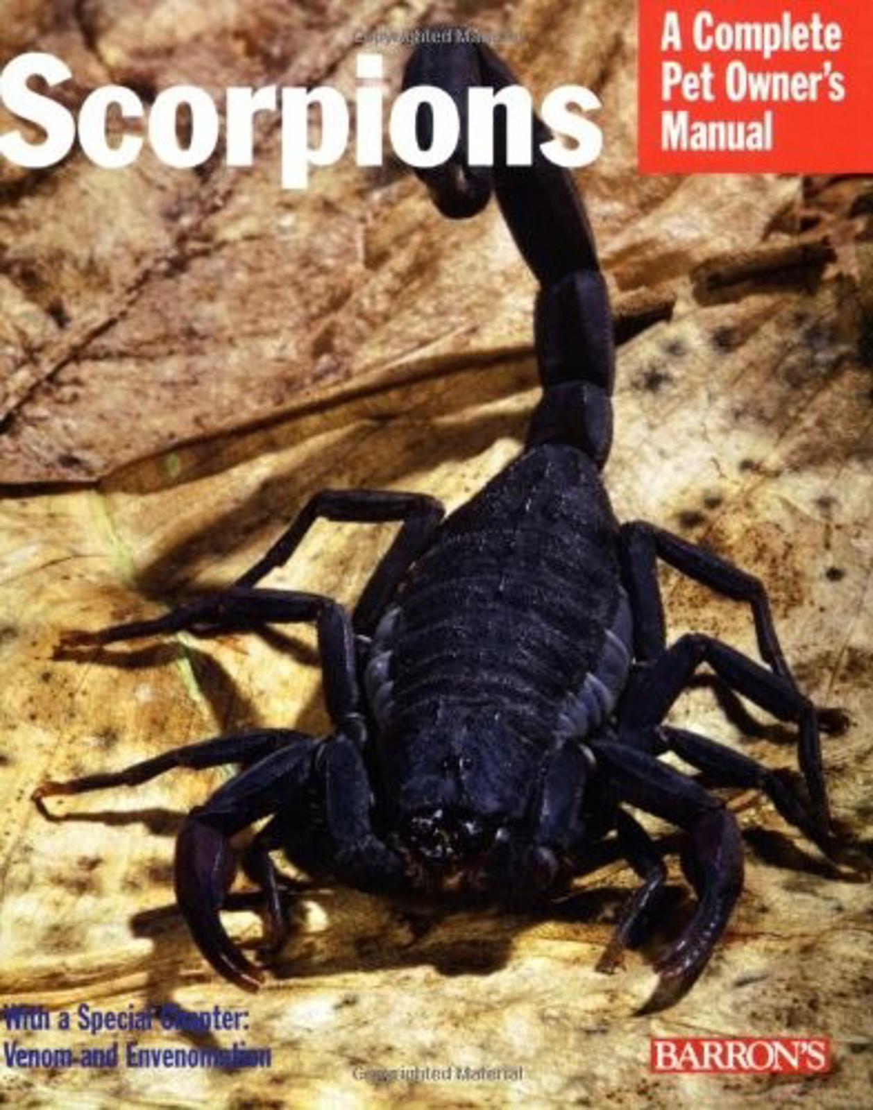 Scorpions pet owner's manual featuring a detailed image of a black scorpion on a natural background.