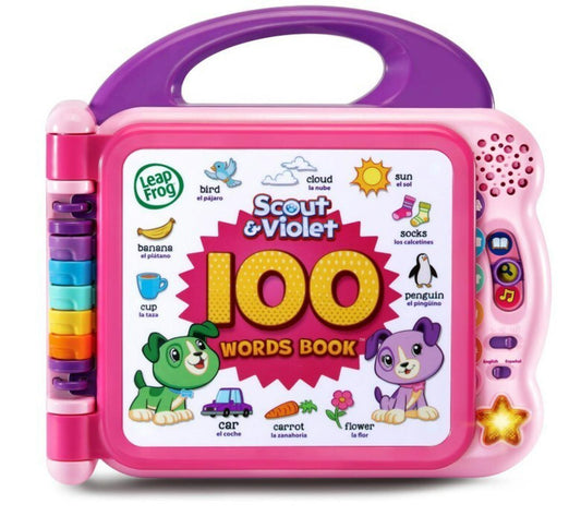 Scout & Violet 100 Words Book featuring colorful illustrations and interactive buttons for learning.
