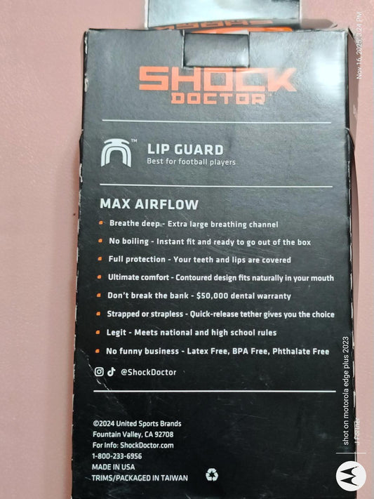 Shock Doctor lip guard designed for maximum airflow and comfort for football players.
