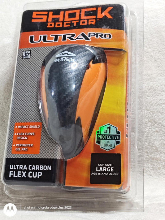 Shock Doctor UltraPro flex cup in packaging, designed for impact protection and comfort.