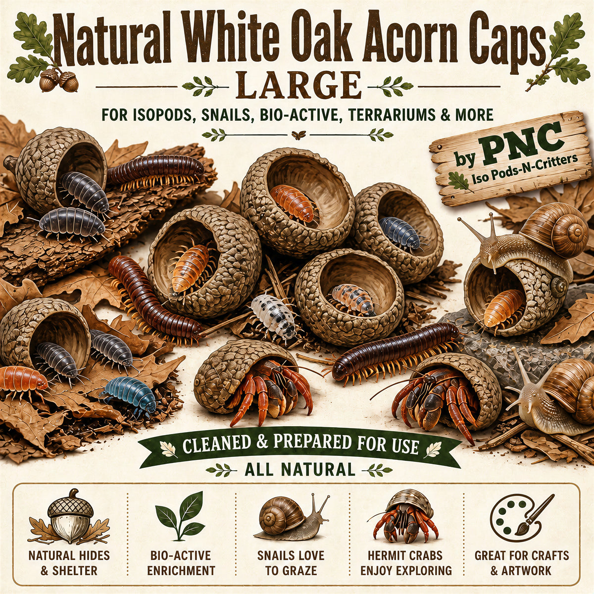 Isopods & Invertebrate Natural Mossy White Oak Acorn Caps 25 Resealable bag
