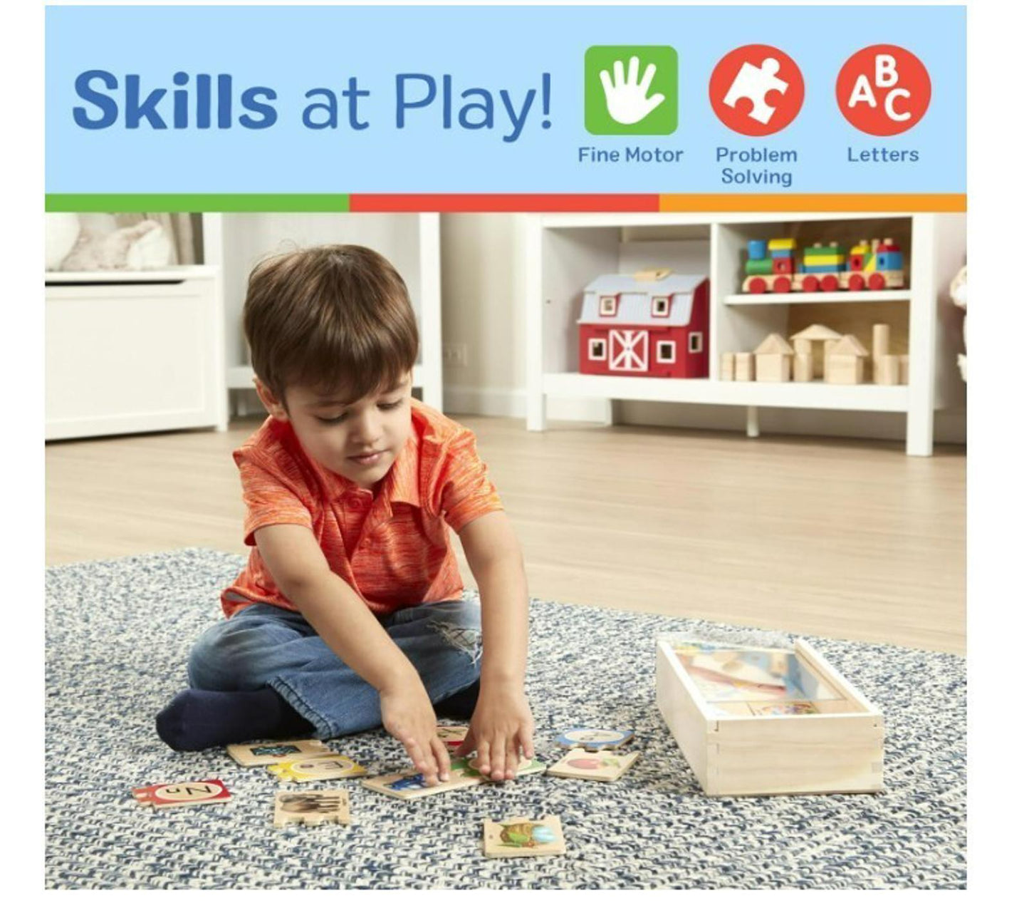 Skills at Play educational game featuring a child playing with colorful cards on a blue rug.