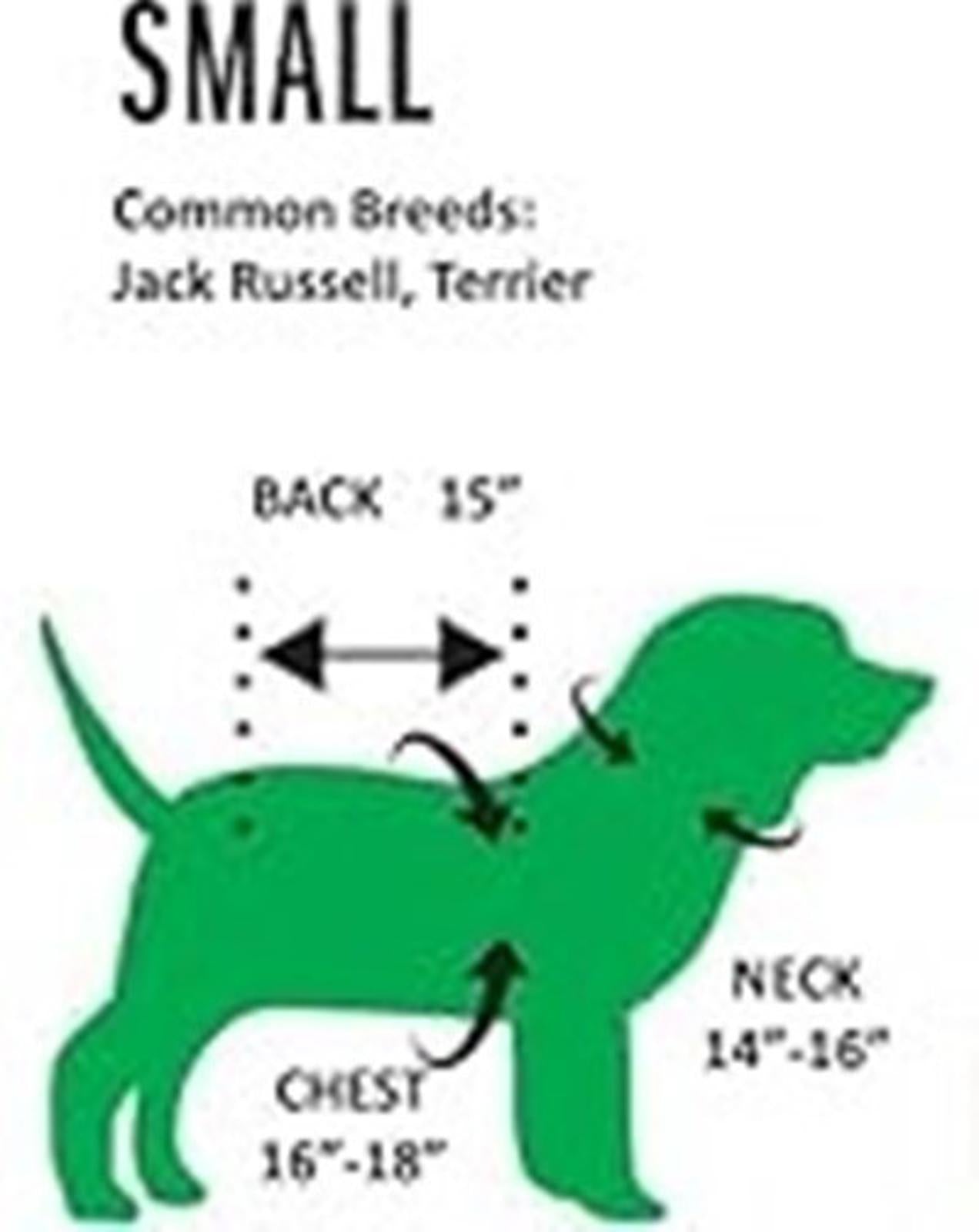 Small dog size chart for Jack Russell Terrier, showing back, neck, and chest measurements.