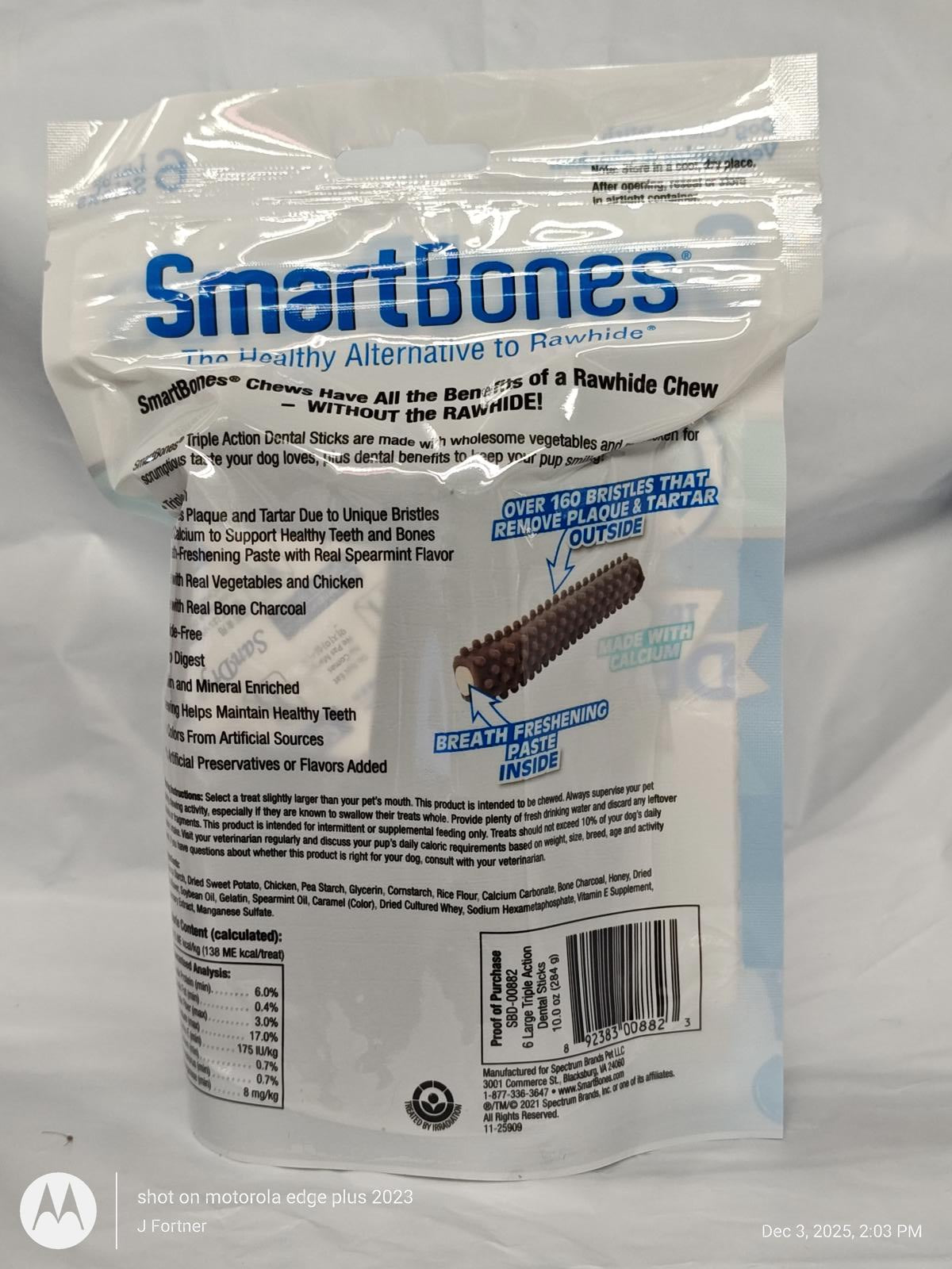 SmartBones healthy alternative to rawhide chews, featuring a resealable bag and nutritional information.