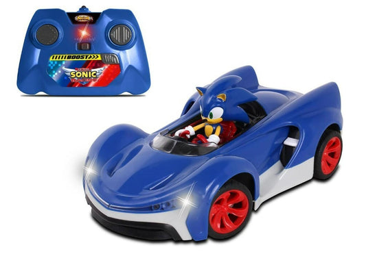 Sonic Remote Control Car features a blue design with red wheels and a Sonic figure inside.