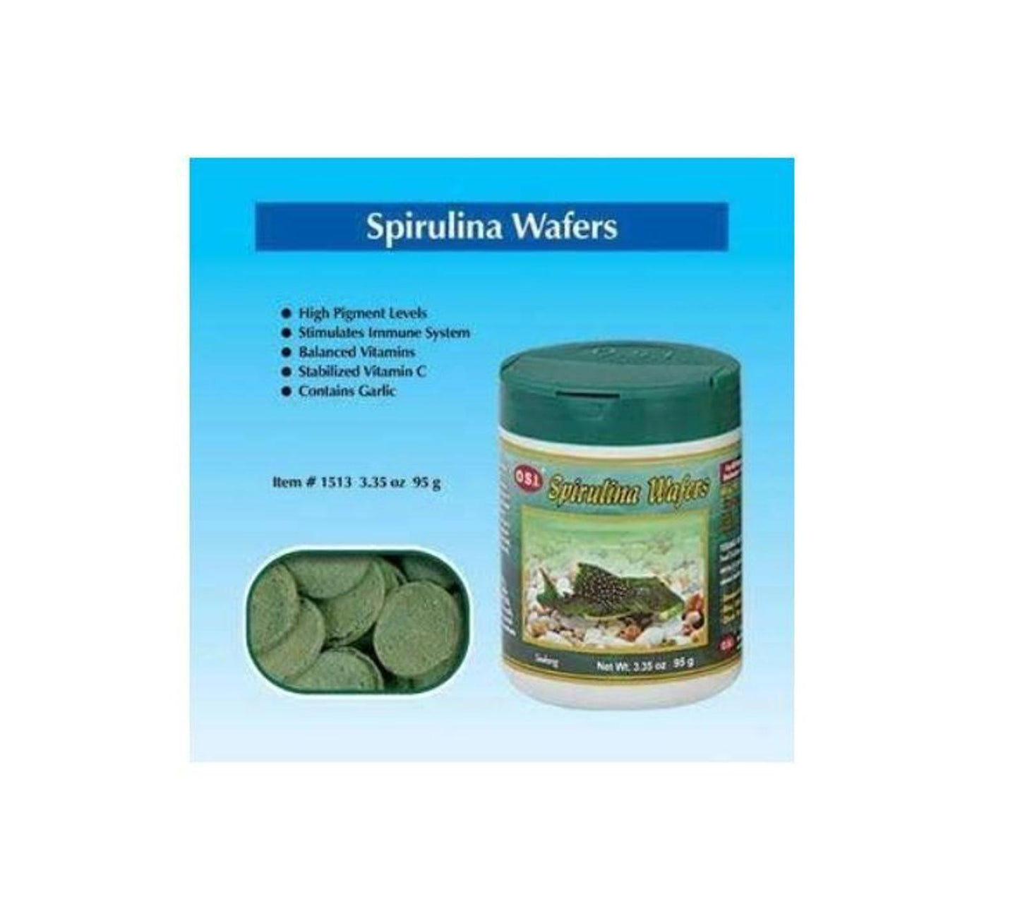 Spirulina Wafers in a green container, ideal for enhancing aquatic health and nutrition.
