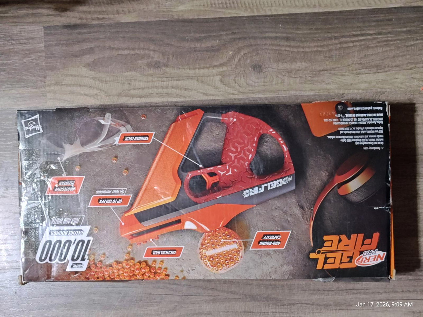 SplatR Ball Blaster in orange and black packaging with detailed features highlighted.