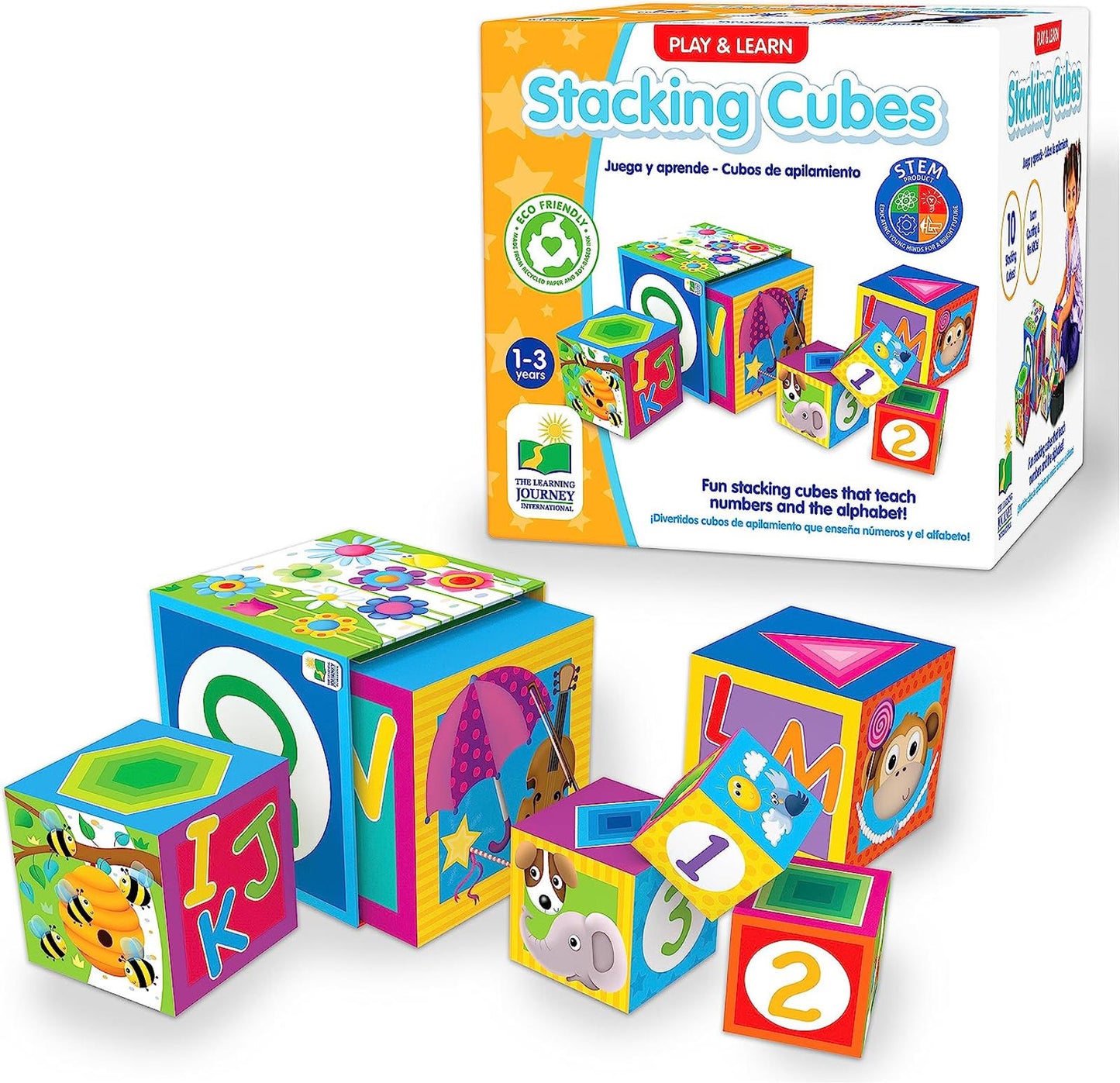 Stacking Cubes set featuring colorful designs and educational elements for toddlers.