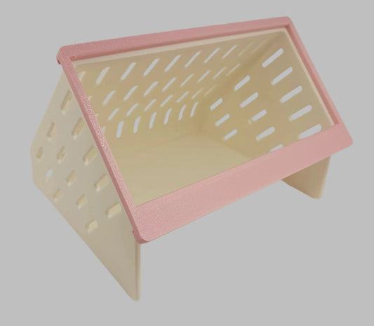 Storage Organizer Rack features a pink and beige design with slotted sides for ventilation.