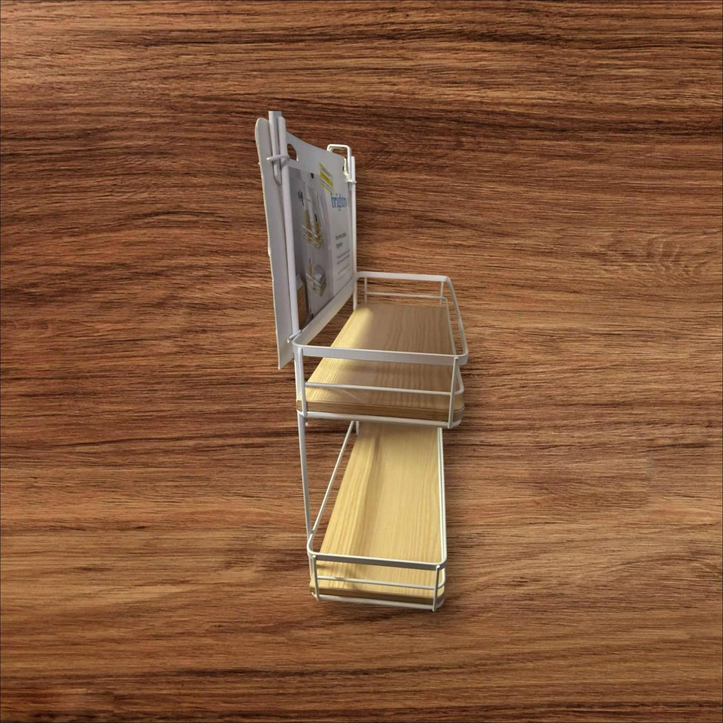 Storage Organizer with wooden shelves and metal frame for efficient space management.