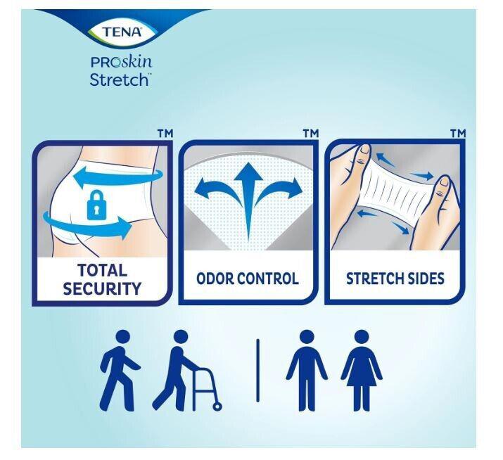 TENA ProSkin Stretch features total security, odor control, and stretch sides for comfort.