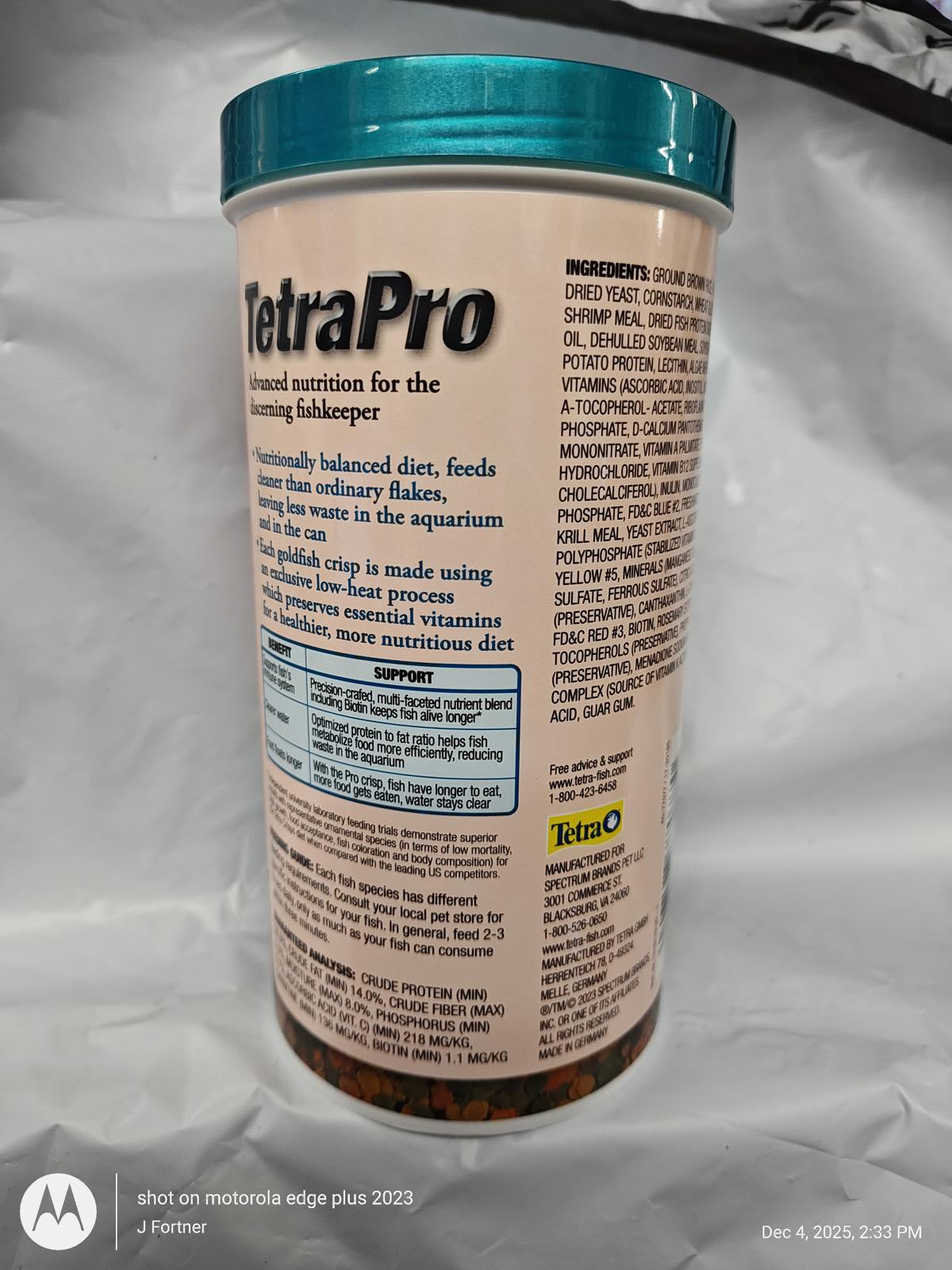 TetraPro fish food container with balanced nutrition for healthy fish, featuring colorful flakes.