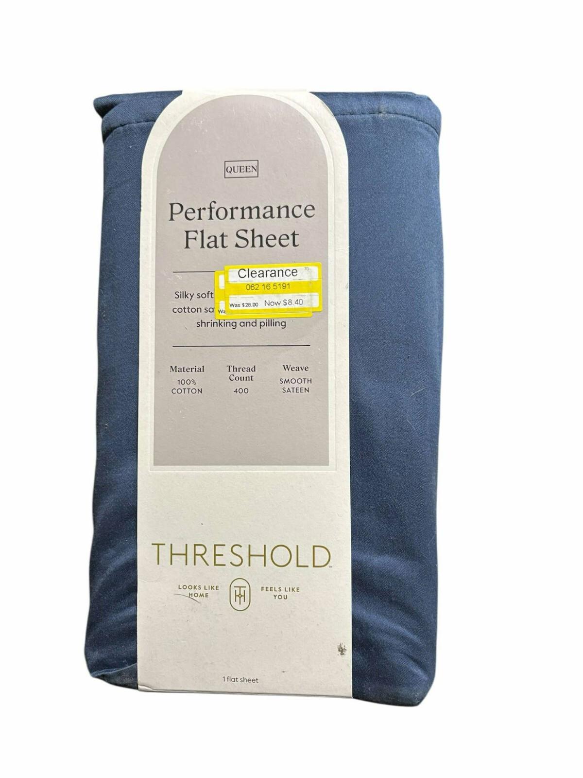 Threshold Performance Flat Sheet in blue color, featuring a soft texture and clearance label.