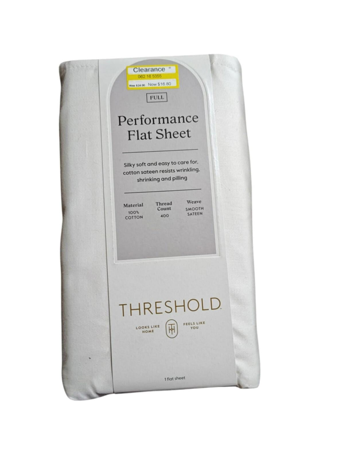 Threshold Performance Flat Sheet in full size, silky soft and wrinkle-resistant for comfortable sleeping.