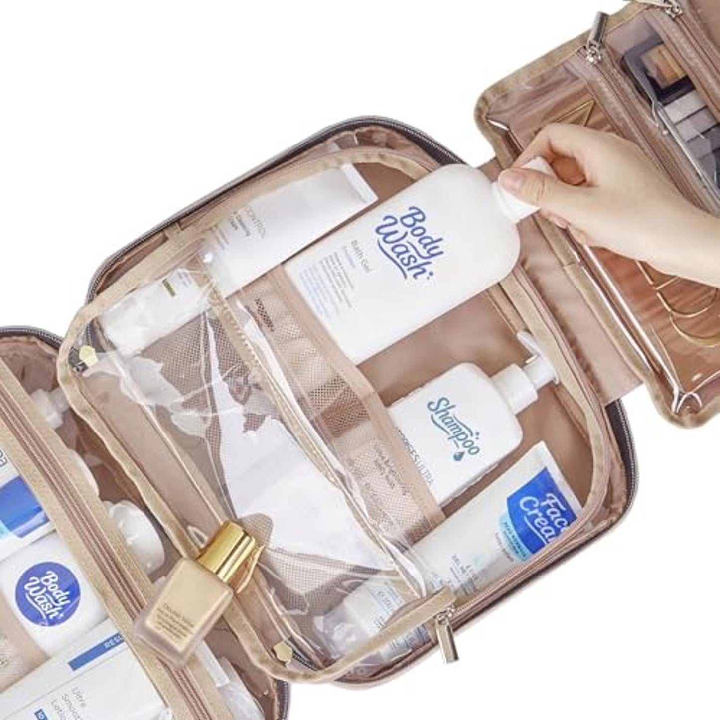 Travel Cosmetic Organizer with clear compartments for toiletries and skincare products.