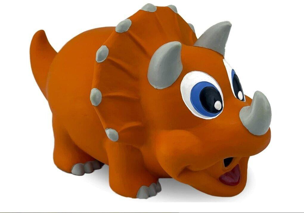 Triceratops toy in bright orange color with large eyes and gray horns.