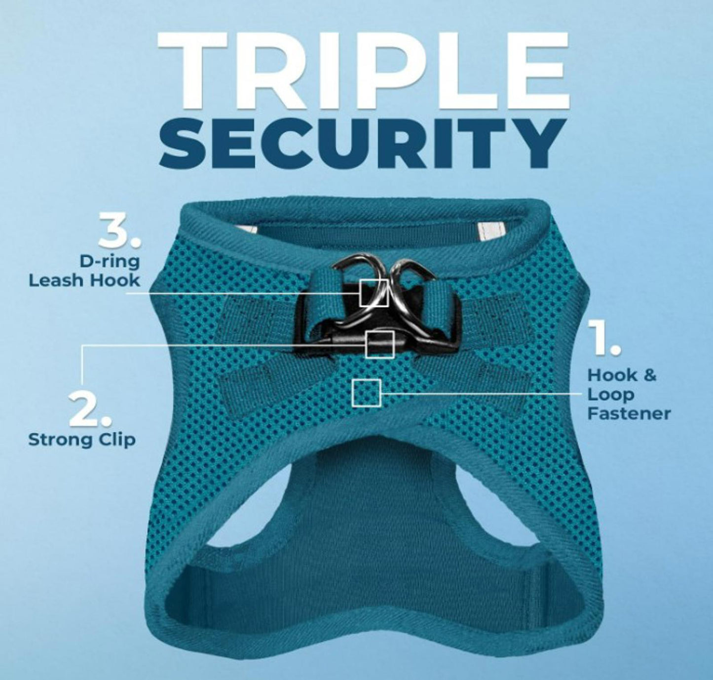 Triple Security harness featuring a D-ring leash hook, strong clip, and hook & loop fastener for pets.