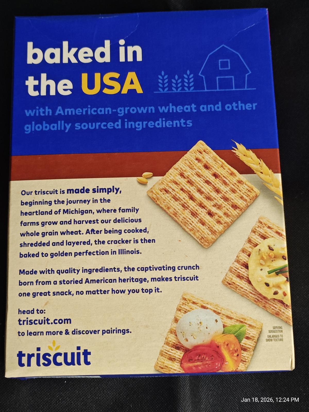 Triscuit baked in the USA with American-grown wheat and globally sourced ingredients.
