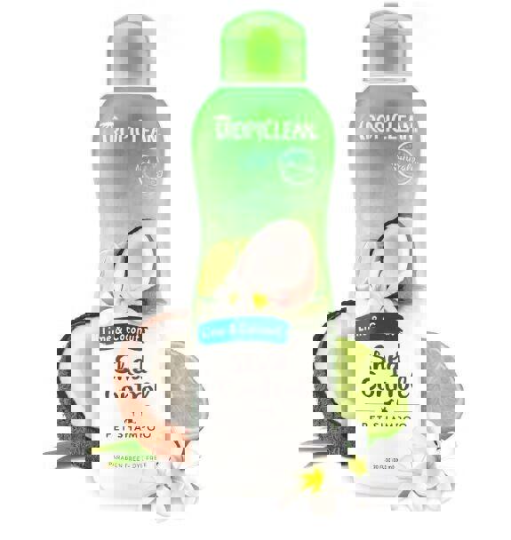 TropiClean Shed Control pet shampoo with lime and coconut scent, featuring a green bottle and coconut imagery.