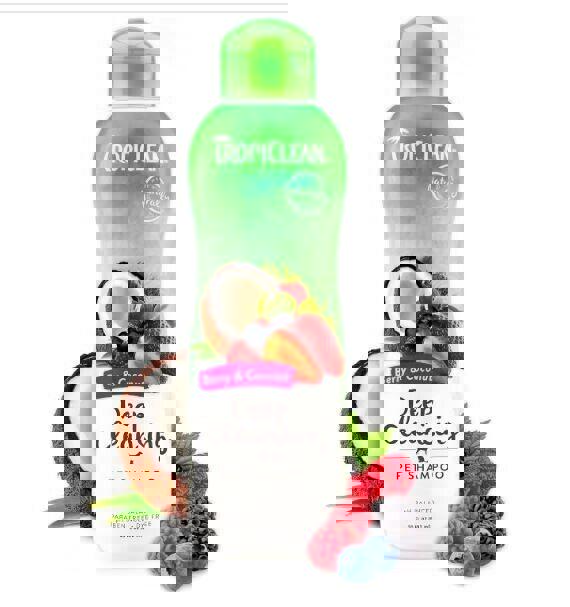 TropiClean Deep Cleansing Pet Shampoo with berry and coconut scent, featuring a green bottle and coconut shell.