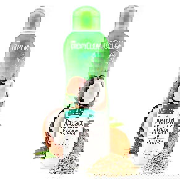 TropiClean Medicated Itch Relief pet shampoo with coconut and tea tree, designed for soothing skin.