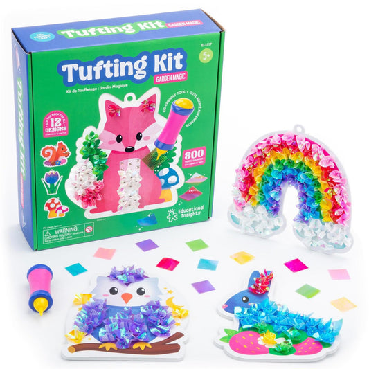 Tufting Kit featuring colorful designs including a fox, rainbow, and bird. Ideal for creative crafting.